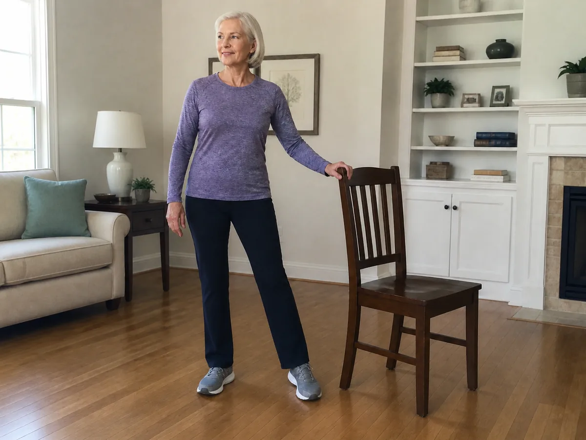 Older woman practicing a side-to-side weight shift with one hand on a sturdy chair.