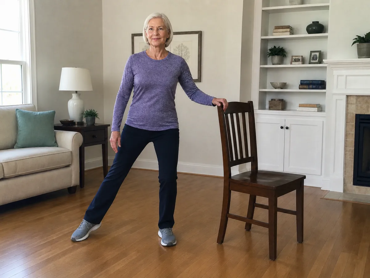 Older woman taking a controlled sideways step while keeping a sturdy chair within reach.