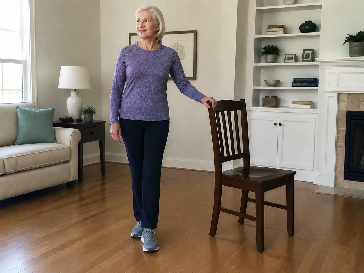 Older woman holding a supported heel-to-toe stance beside a sturdy chair.