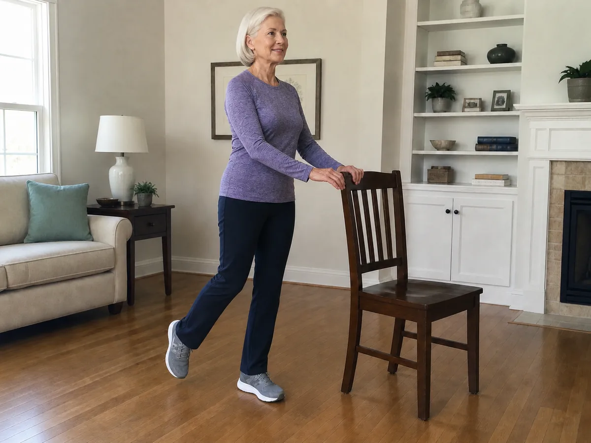 Older woman practicing a supported one-leg stand with both hands near a sturdy chair.