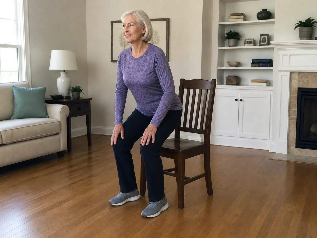 Older woman rising slowly from a sturdy chair with both feet flat on the floor.