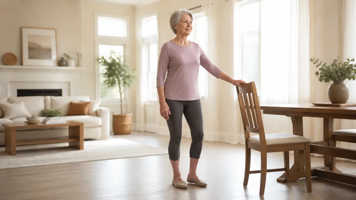Woman in her late sixties practicing a supported balance stance beside a sturdy dining chair in a clear living room.