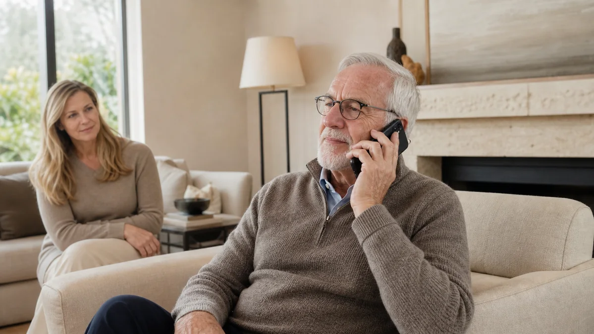 Man in his early seventies testing call volume on a smartphone while his daughter waits nearby.