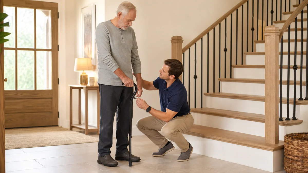 Physical therapist checking an older man's cane height at his wrist beside a staircase with a handrail.