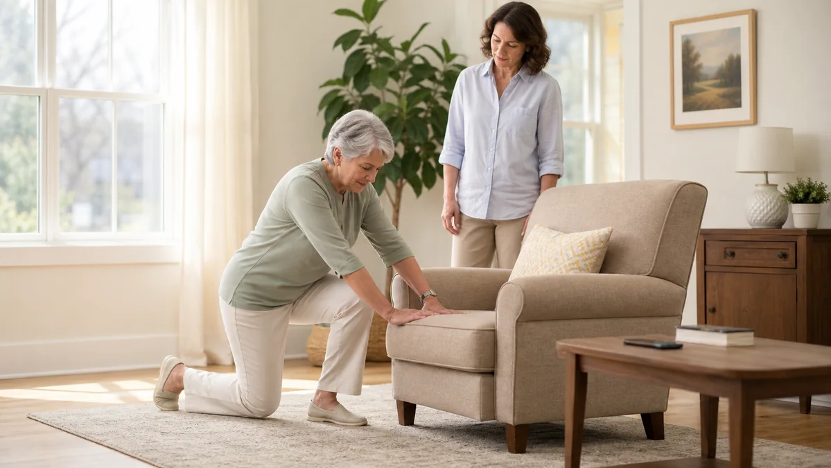 Older woman practicing a supported half-kneeling position beside a sturdy armchair while another adult supervises.