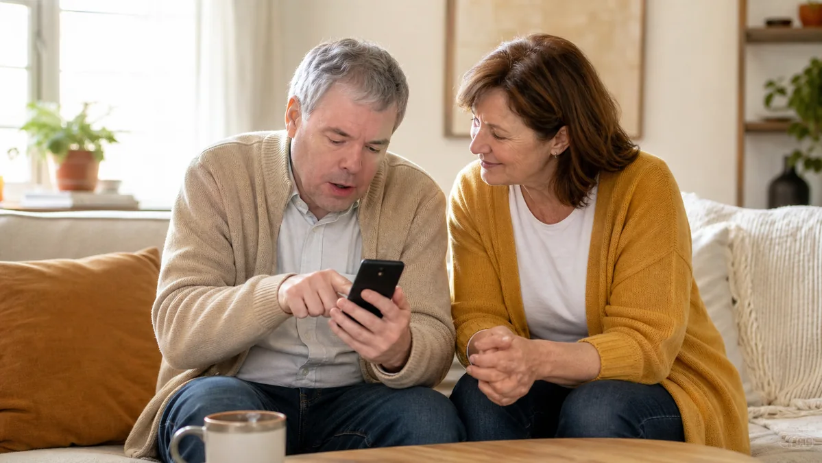 Man choosing a simpler set of iPhone apps with help from a trusted family member.
