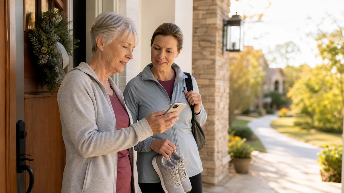 Woman in her late sixties sending a pre-walk Check In on iPhone while her daughter confirms the plan at the front door.