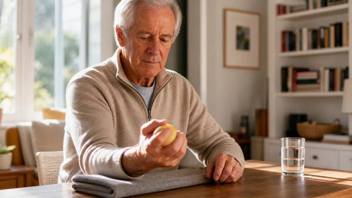 Man in his early seventies gently squeezing a soft foam ball with his forearm supported and wrist neutral.