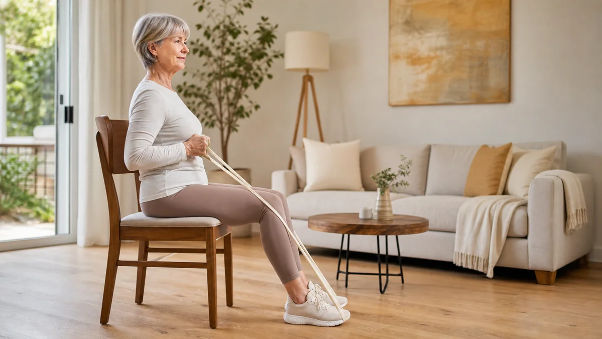 Woman in her late sixties performing a seated resistance-band row with the band looped around both feet.
