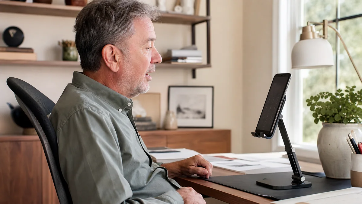 Man with limited hand mobility controlling an Android phone on a stand by voice.