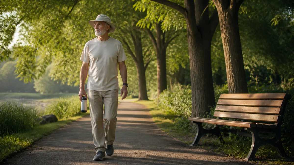 Man in his late sixties walking on a shaded park path in early morning with a sun hat and water bottle.